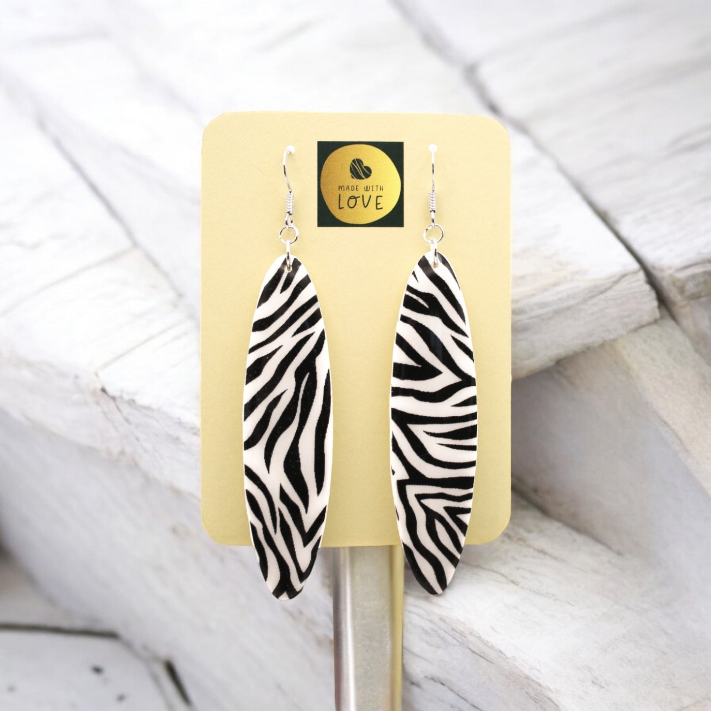 Made With Love Monochrome Zebra Collection Extra Large Long Oblong Hook Earrings