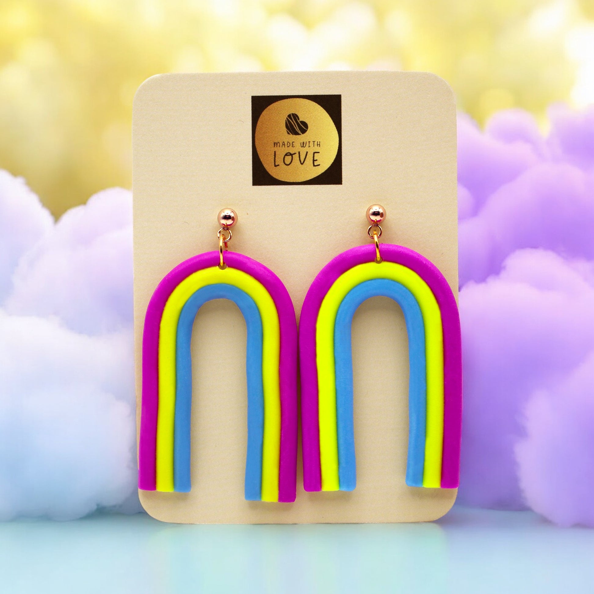 Made With Love Over The Neon Rainbow Collection Extra Large Purple Yellow Blue Earrings