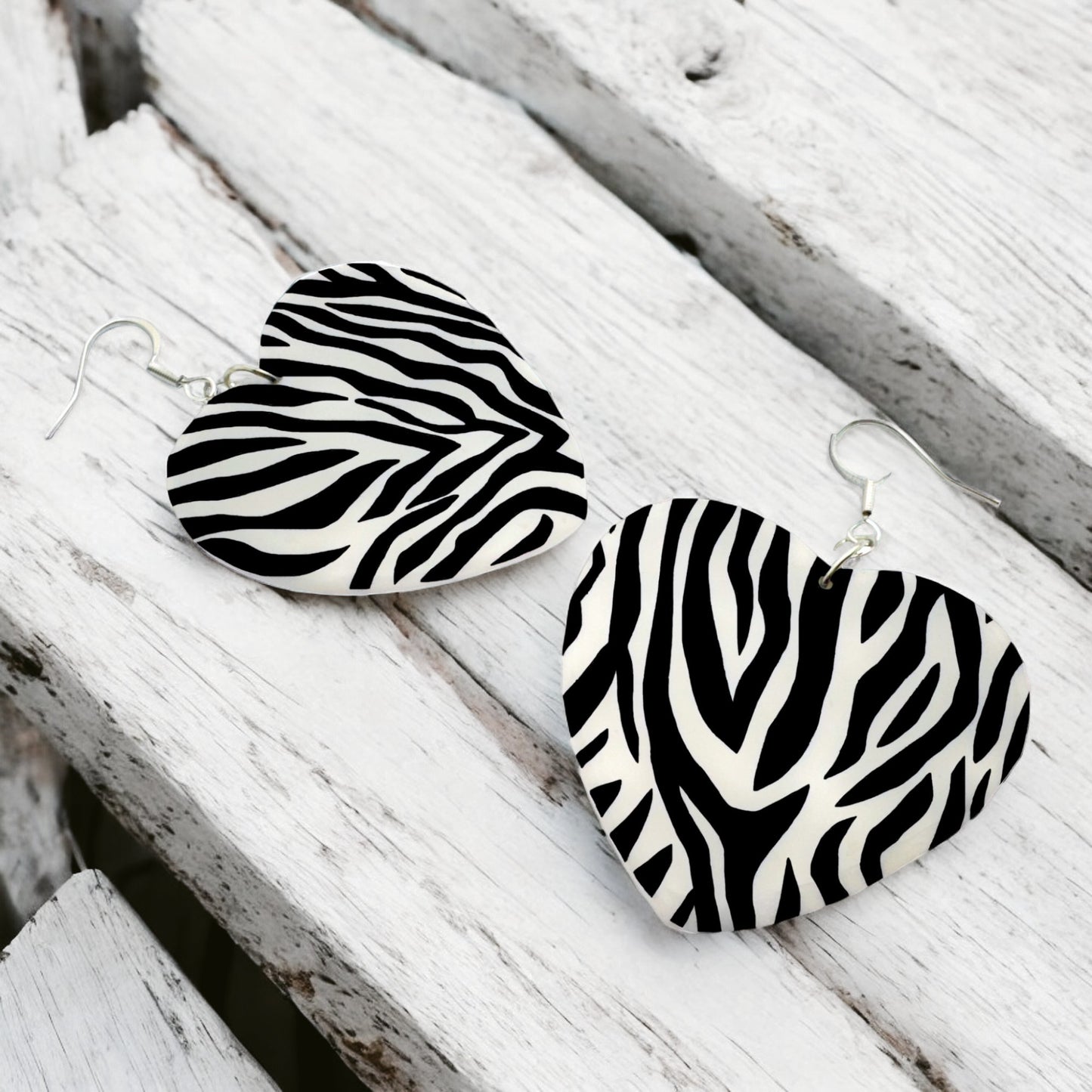 Made Wtih Love Zebra Monochrome Collection Large Heart Hook Earrings