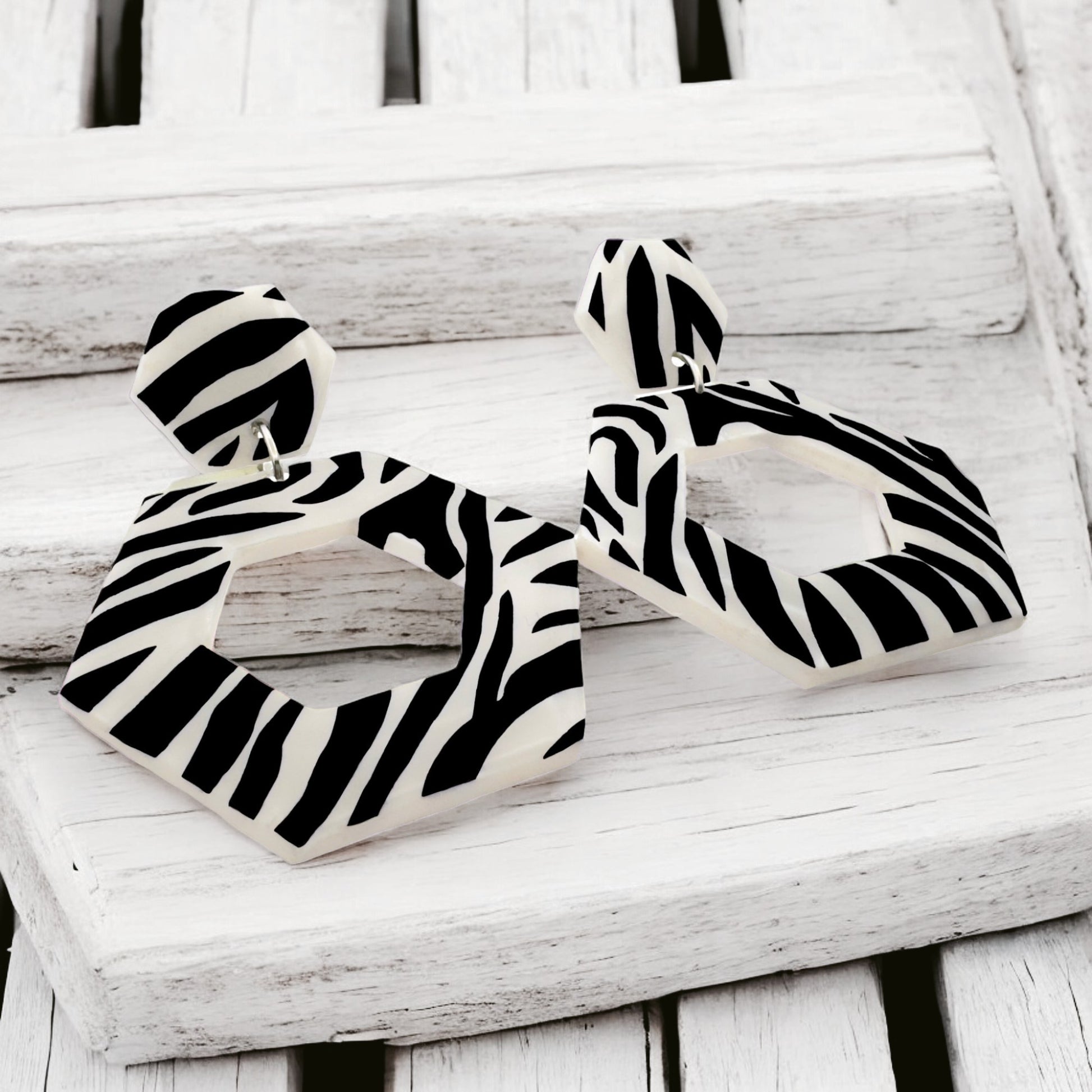 Made With Love Zebra Monochrome Collection Large Open Hexagon Post Earrings