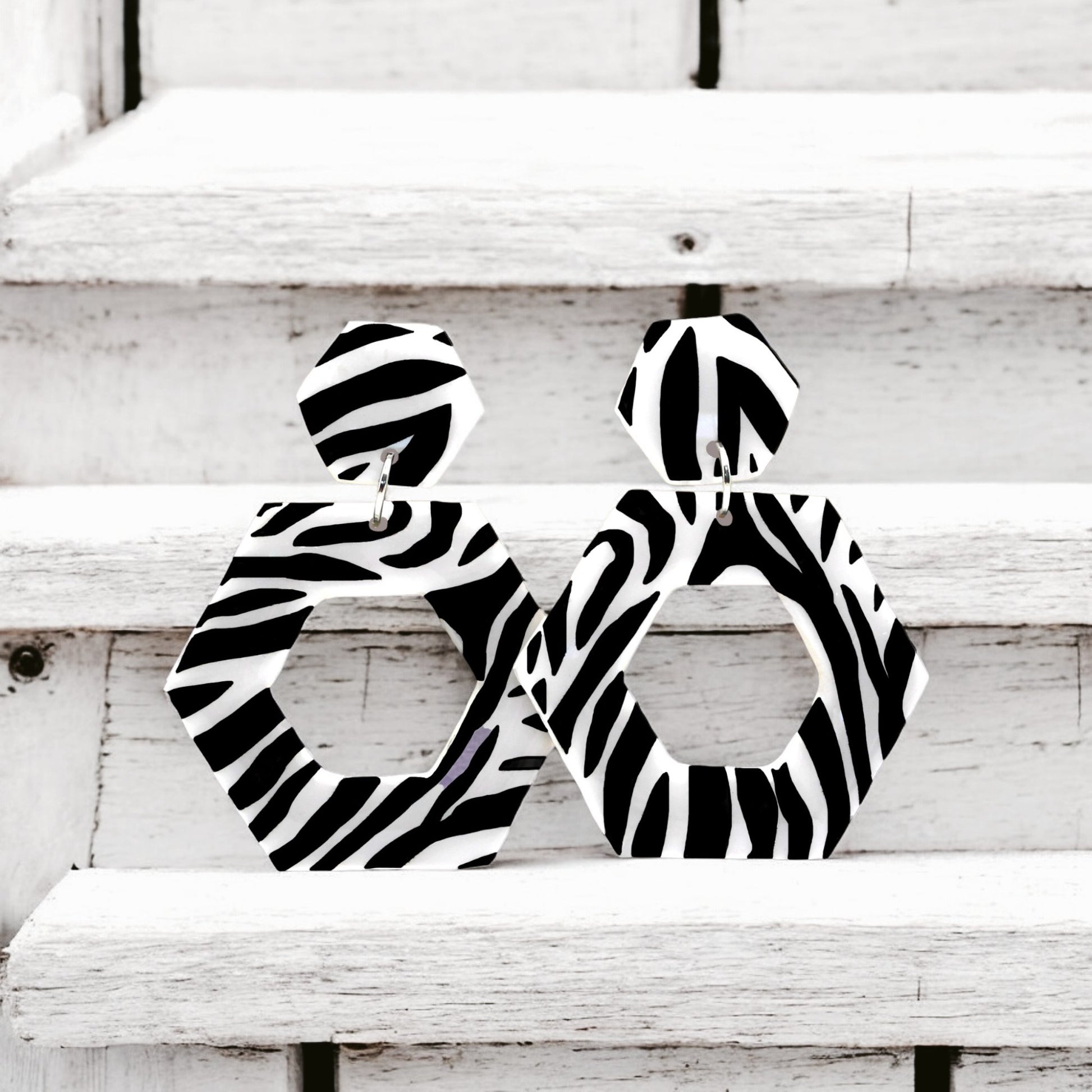 Made With Love Zebra Monochrome Collection Large Open Hexagon Post Earrings