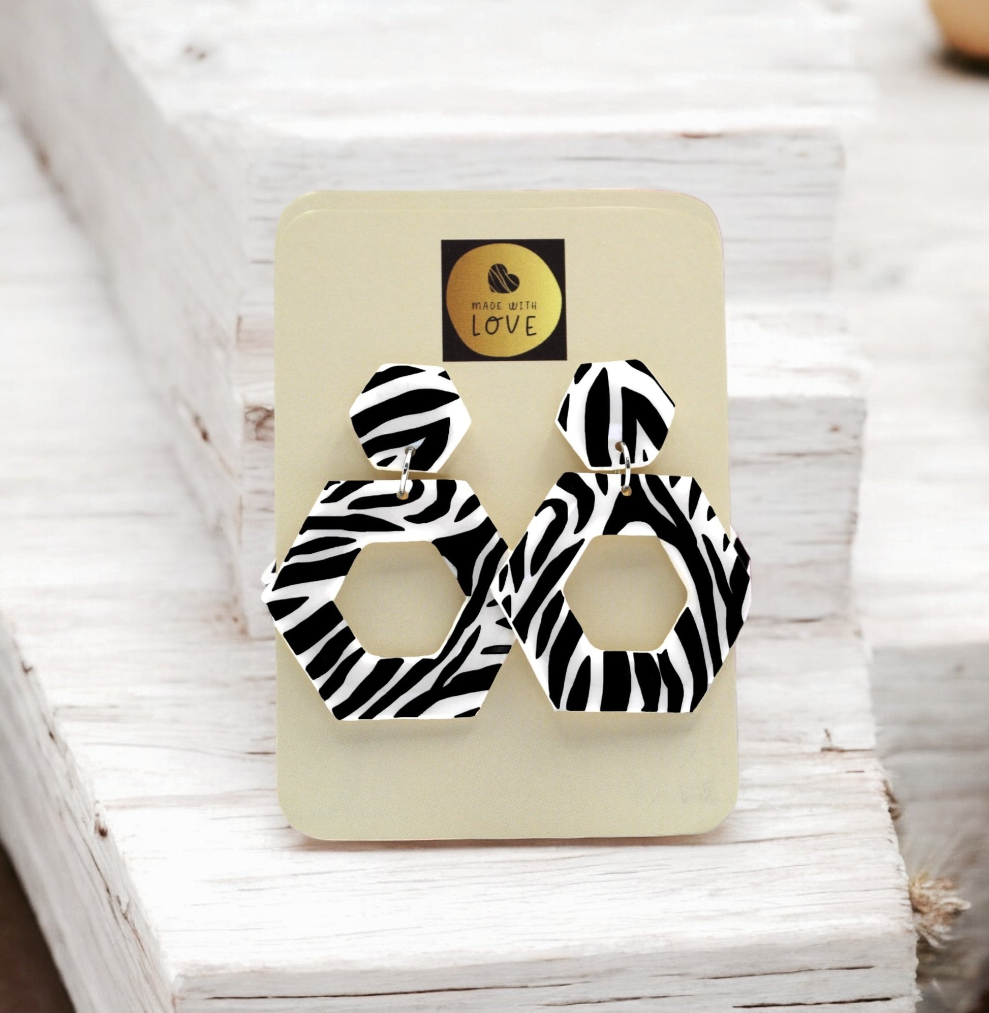 Made With Love Zebra Monochrome Collection Large Open Hexagon Post Earrings