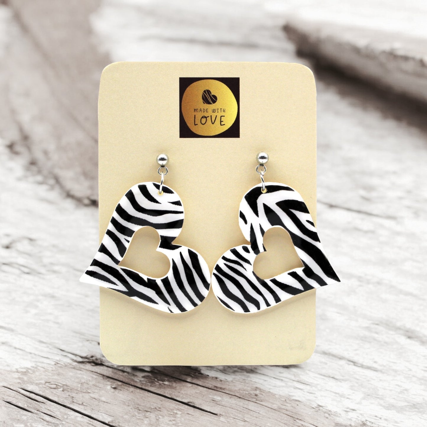 Made With Love Zebra Monochrome Collection Large Sleepy Hearts Ball Stud Earrings