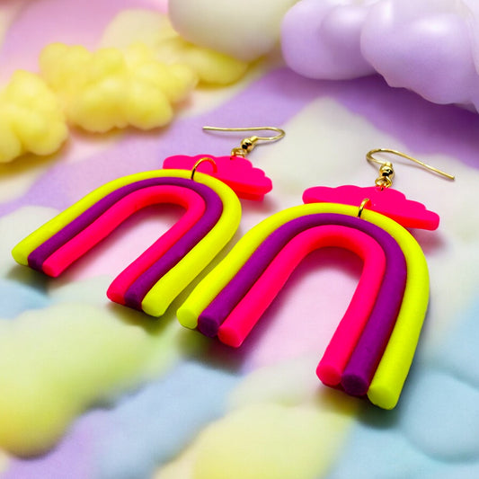 Made With Love Over The Neon Rainbow Large Yellow Purple Pink Earrings