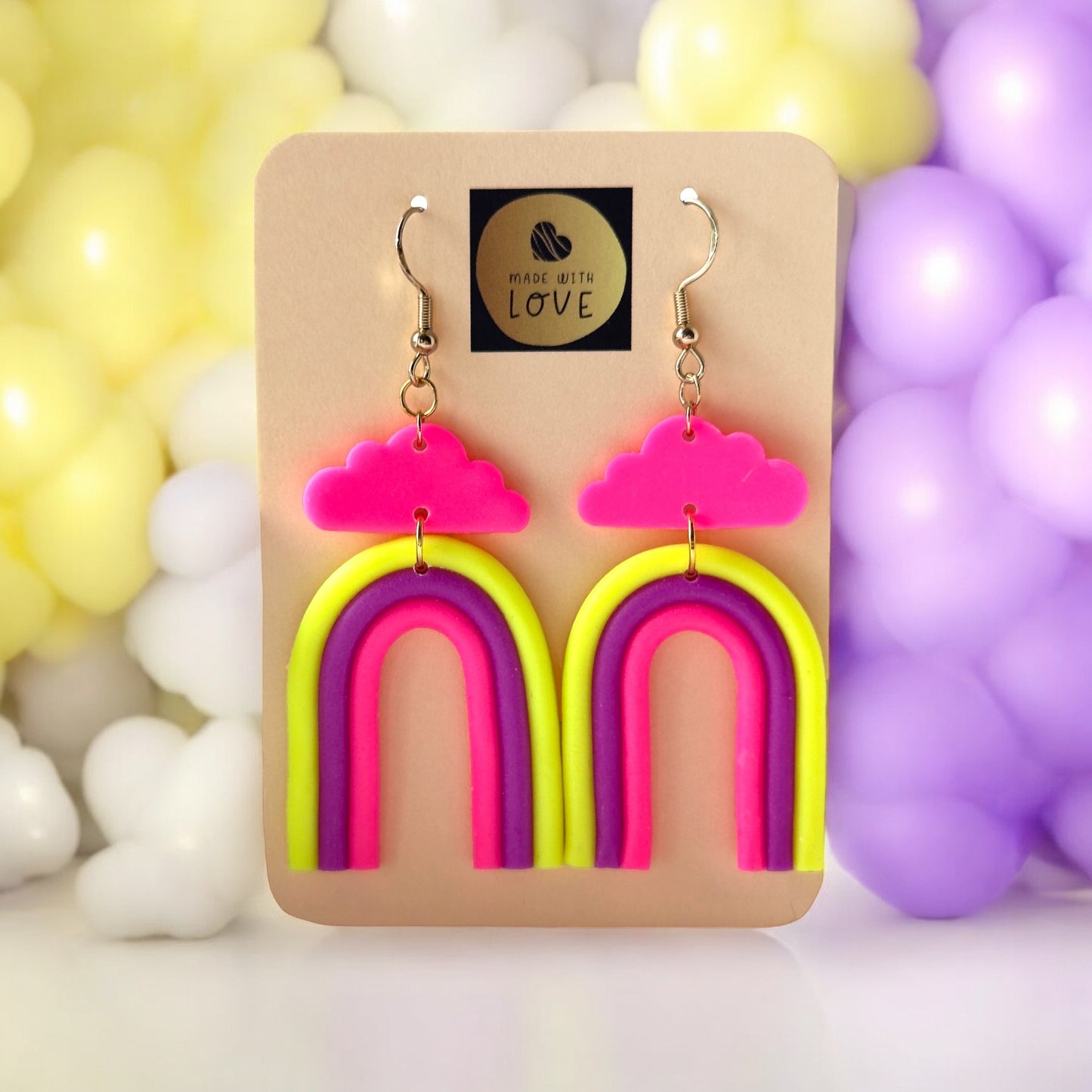 Made With Love Over The Neon Rainbow Large Yellow Purple Pink Earrings